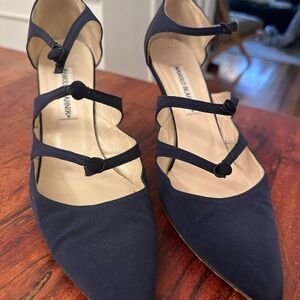 Manolo Blahnik Midnight Blue Double Strap Heels